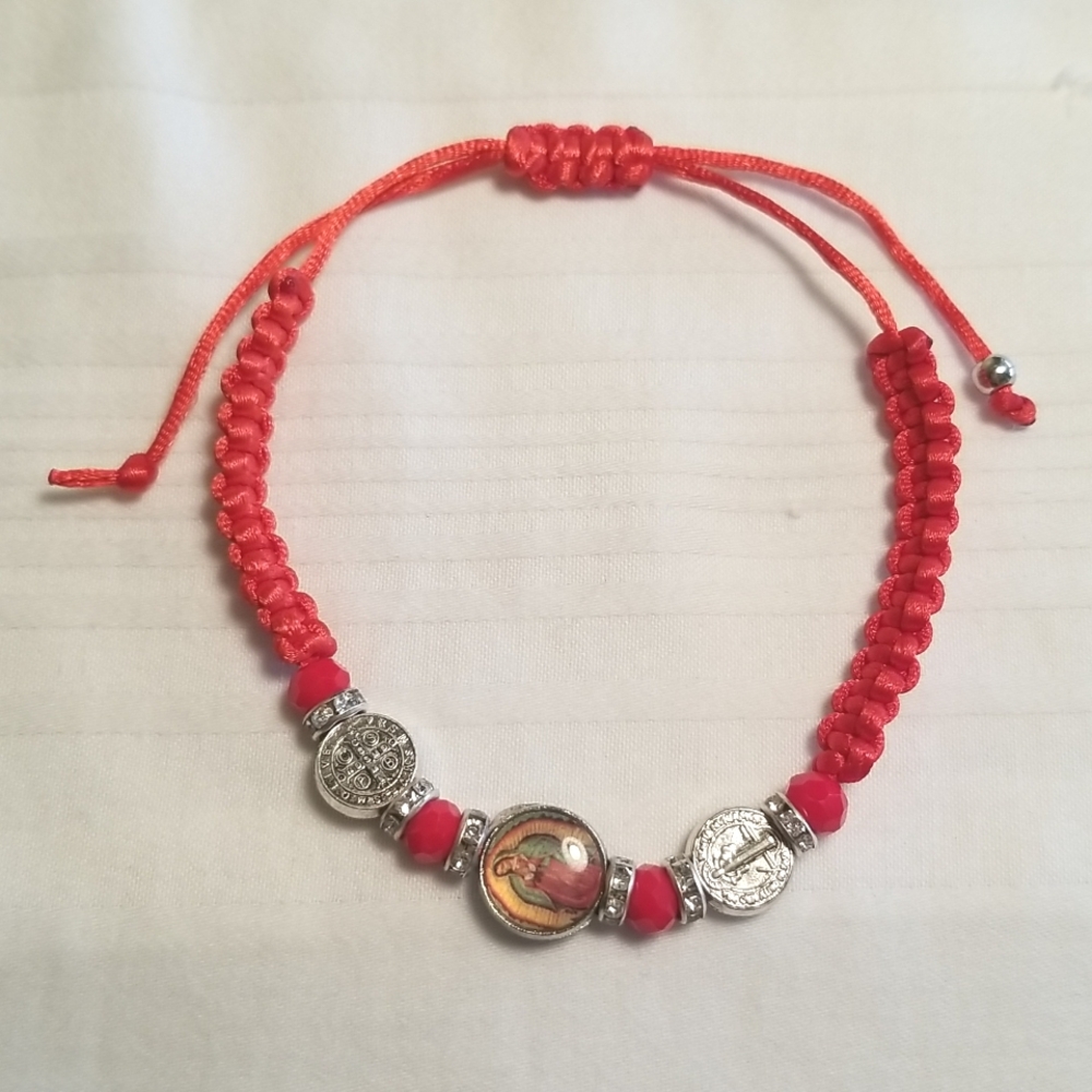 Silver Red Rhinestone Religious Bracelet